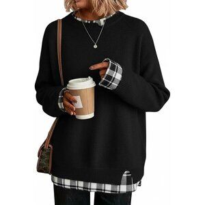 Women's Plaid Black Cowgirl Chic Knit Cozy Outfit Long Sleeve Pullover Sweater